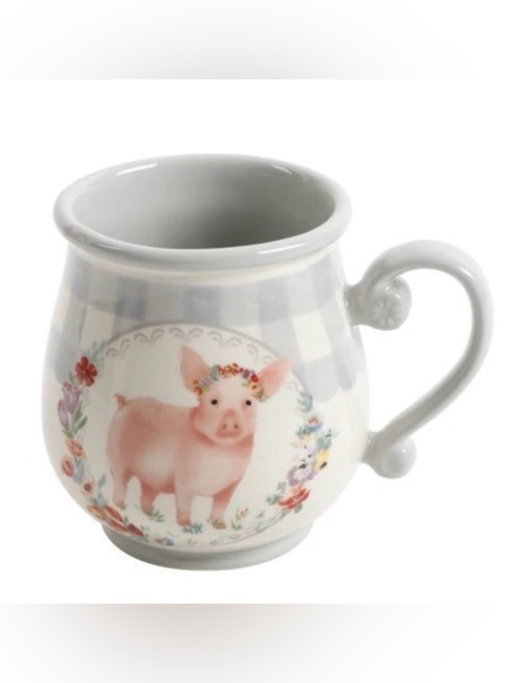 The Pioneer Woman Gray Gingham Pig Decal Country Chic Ceramic Coffee Tea Mug Cup - Picture 8 of 8